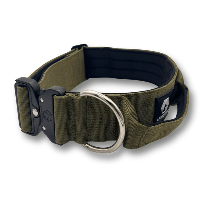 ApexCanine Tactical Dog Collar - Khaki - close up on logo - white background